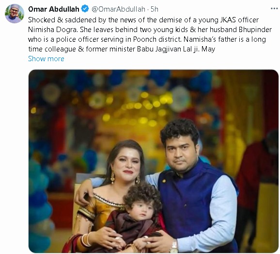 'CM Omar Abdullah expressed shock over the demise of a young JKAS officer'